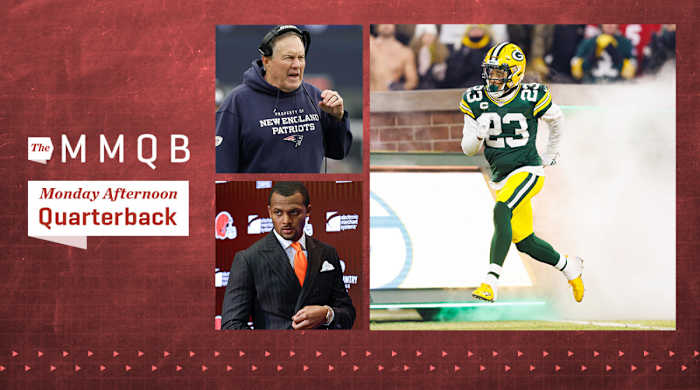 Green Bay Packers cornerback Jaire Alexander (23) prior to a NFC Divisional playoff football game against the San Francisco 49ers at Lambeau Field; Cleveland Browns new quarterback Deshaun Watson enters a news conference at the NFL football team’s training facility, Friday, March 25, 2022, in Berea, Ohio; New England Patriots head coach Bill Belichick calls to his players during the first half of an NFL football game against the Jacksonville Jaguars, Sunday, Jan. 2, 2022, in Foxborough, Mass.