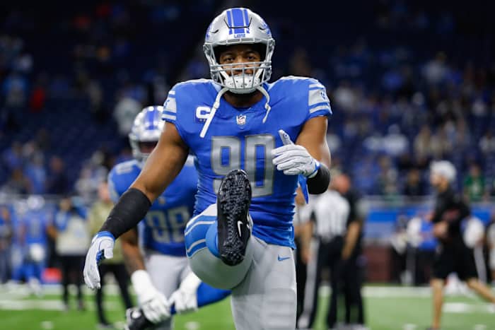 Oct 31, 2021; Detroit, Michigan, USA; Detroit Lions outside linebacker Trey Flowers (90) warms up before the game against the Philadelphia Eagles at Ford Field. Mandatory Credit: Raj Mehta-USA TODAY Sports