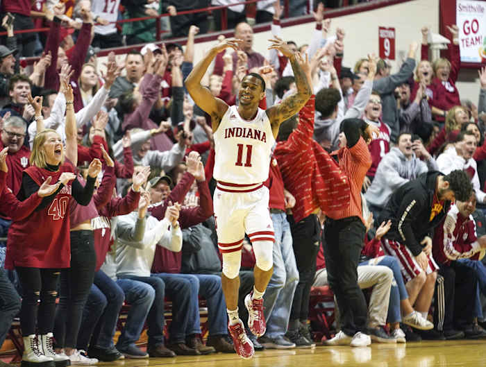 Devonte Green and the Assembly Hall crowd celebrate after Green's 3-pointer against Iowa on Feb. 13, 2020. Green scored 27 points off the bench with a 7-for-11 mark from 3 in Indiana's 89-77 win.