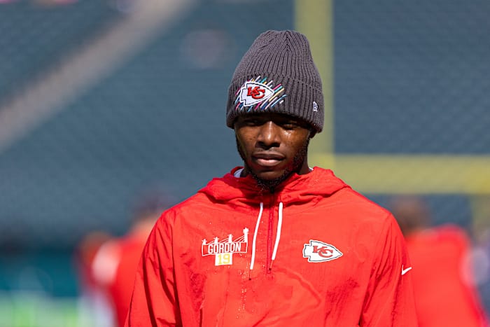 Oct 3, 2021; Philadelphia, Pennsylvania, USA; Kansas City Chiefs wide receiver Josh Gordon before a game against the Philadelphia Eagles at Lincoln Financial Field. Mandatory Credit: Bill Streicher-USA TODAY Sports