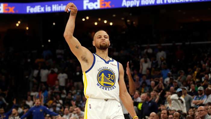 Golden State Warriors guard Stephen Curry (30) reacts after making a three point basket during the second half in game two of the second round for the 2022 NBA playoffs against the Memphis Grizzlies.