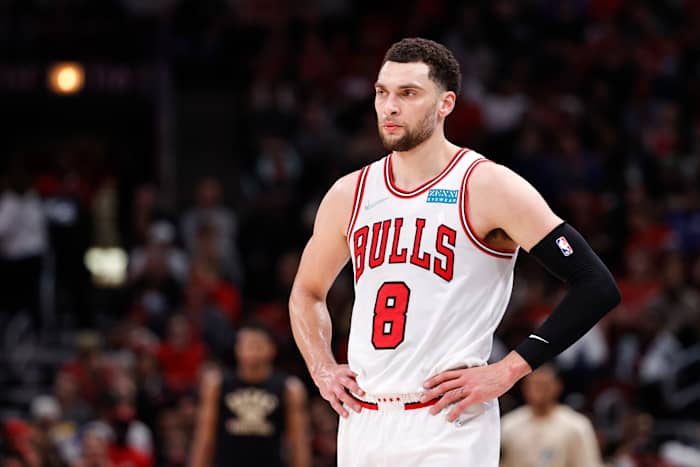 Chicago Bulls guard Zach LaVine looks on during a game.