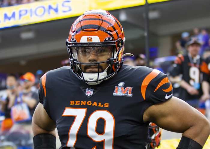 Feb 13, 2022; Inglewood, CA, USA; Cincinnati Bengals guard Jackson Carman (79) against the Los Angeles Rams during Super Bowl LVI at SoFi Stadium. Mandatory Credit: Mark J. Rebilas-USA TODAY Sports