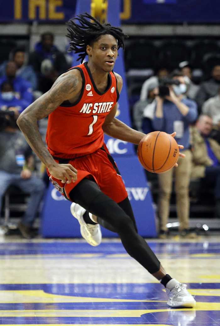 Dereon Seabron dribbles at Pittsburgh on February 12, 2022. 