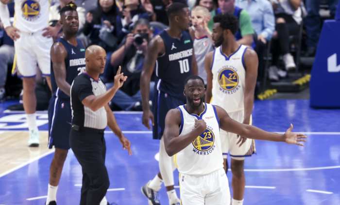 May 22, 2022; Dallas, Texas, USA; Golden State Warriors forward Draymond Green (23) reacts during the second quarter against the Dallas Mavericks in game three of the 2022 Western Conference finals at American Airlines Center. Mandatory Credit: Kevin Jairaj-USA TODAY Sports