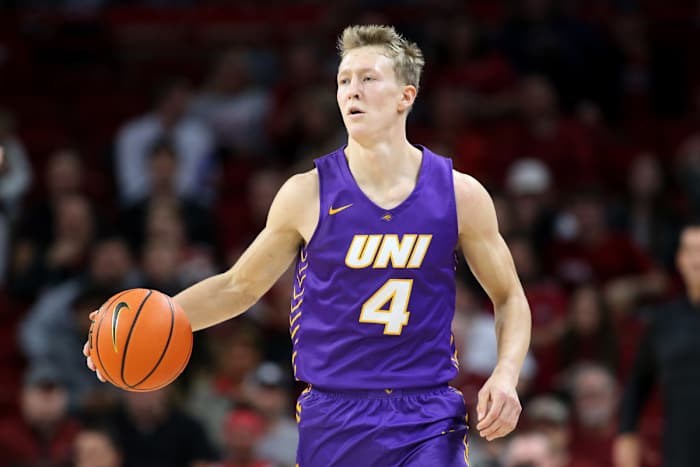 UNI Panthers guard AJ Green (4) dribbles during the game against the Arkansas Razorbacks at Bud Walton Arena. Arkansas won 93-80.