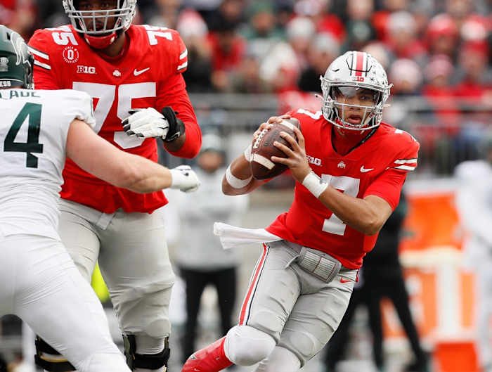 Ohio State QB C.J. Stroud moves in pocket
