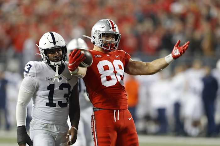 Ohio State TE Jeremy Ruckert celebrates catch