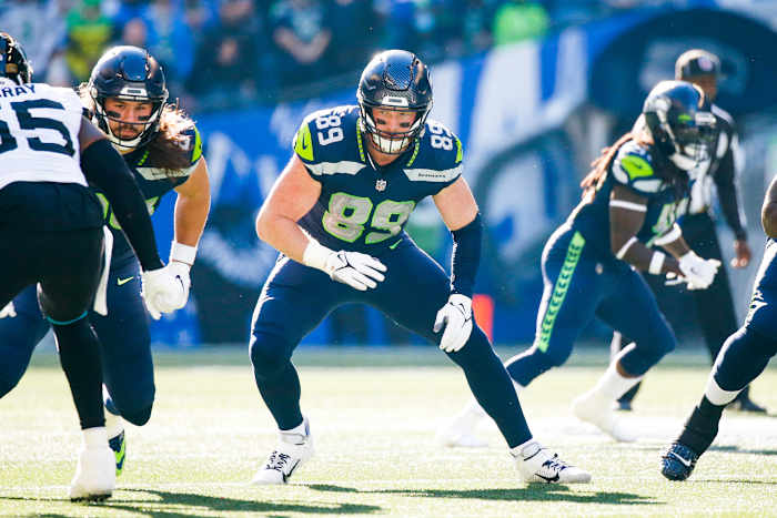 Seattle Seahawks tight end Will Dissly (89) reacts to a snap against the Jacksonville Jaguars during the second quarter at Lumen Field.