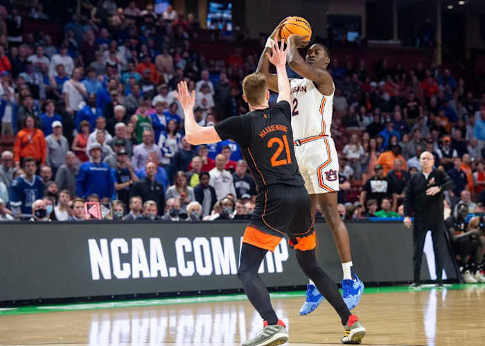 Auburn Tigers forward Jaylin Williams (2) takes a jump shot during the second round of the 2022 NCAA tournament at Bon Secours Wellness Arena in Greenville, S.C., on Sunday, March 20, 2022. Miami Hurricanes defeated Auburn Tigers 79-61.