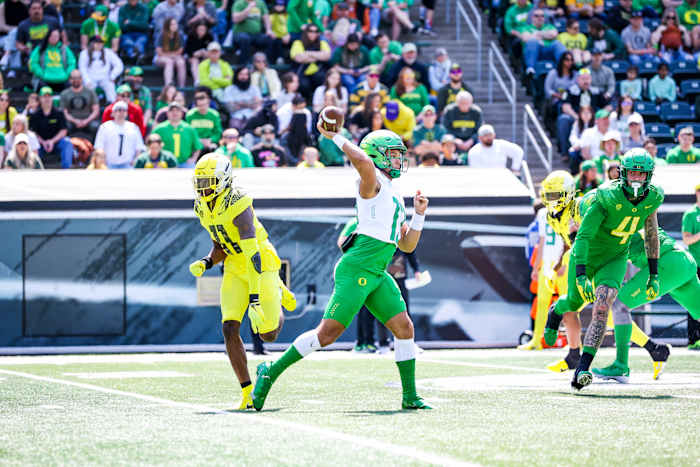 Oregon Ducks quarterback Ty Thompson throws from the pocket in the annual spring game.