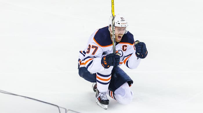 Connor McDavid celebrates his goal vs. the Flames.