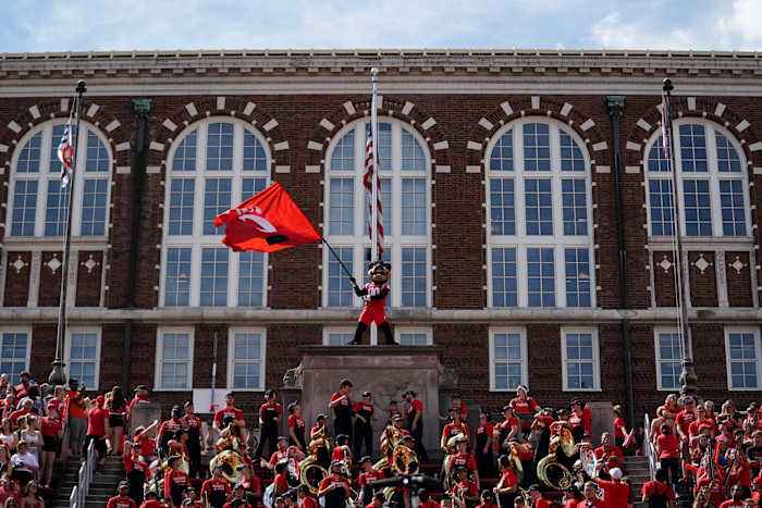 Sep 14, 2019; Cincinnati, OH, USA; The Cincinnati Bearcats mascot waves a team flag in the game against the Miami (Oh) Redhawks in the first half at Nippert Stadium. Mandatory Credit: Aaron Doster-USA TODAY Sports