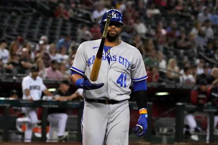 May 24, 2022; Phoenix, Arizona, USA; Kansas City Royals first baseman Carlos Santana (41) reacts after striking out against the Arizona Diamondbacks during the sixth inning at Chase Field. Mandatory Credit: Rick Scuteri-USA TODAY Sports