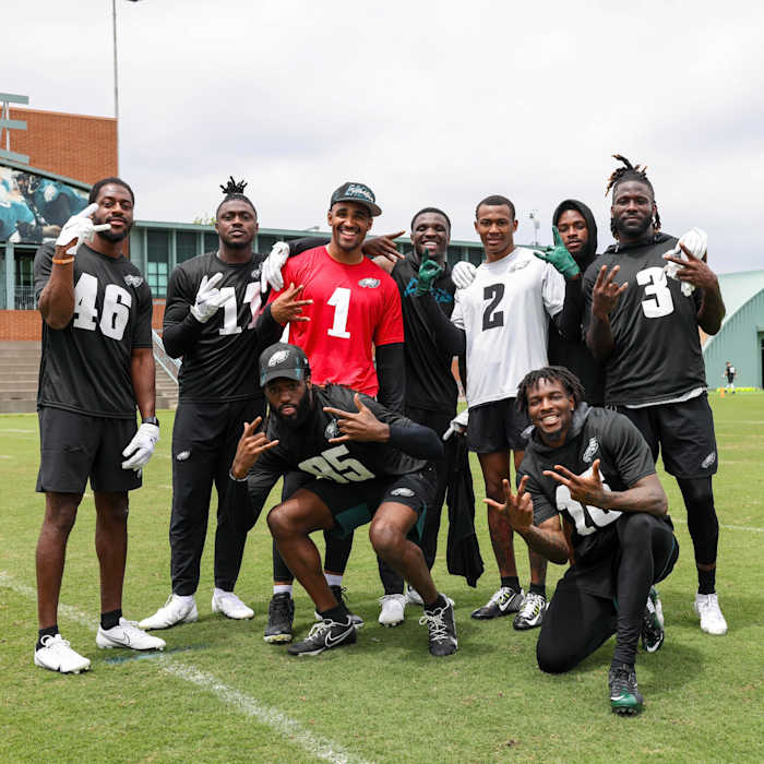 Jalen Hurts (1) with several of his WRs, including A.J. Brown (11) and Jalen Reagor between the QB and DeVonta Smith (2)