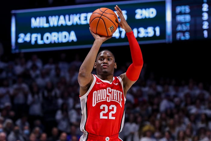 Ohio State Buckeyes guard Malaki Branham (22) shoots a basket against the Xavier Musketeers in the first half at Cintas Center.