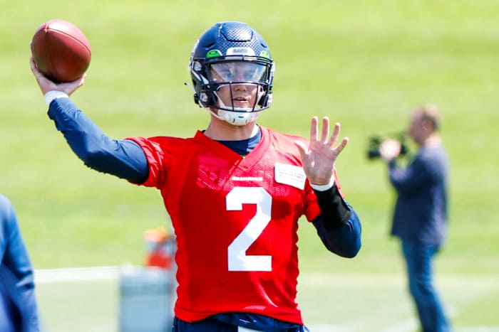 Seattle Seahawks quarterback Drew Lock (2) participates in an OTA workout at the Virginia Mason Athletic Center.