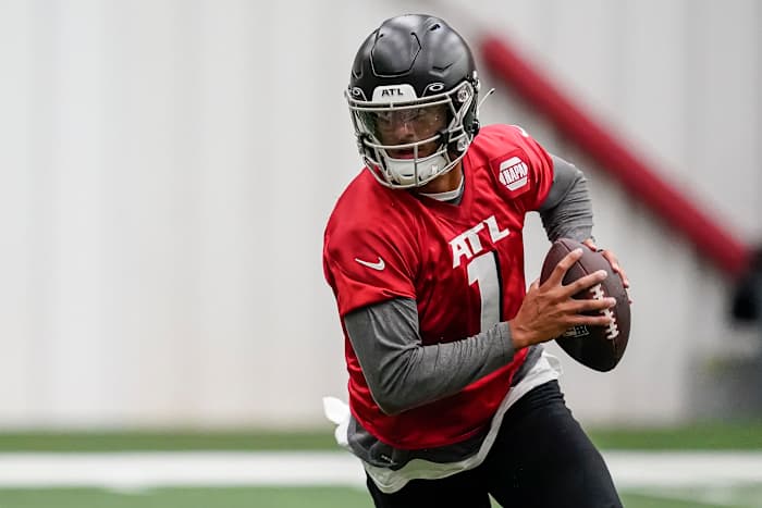 May 26, 2022; Flowery Branch, GA, USA; Atlanta Falcons quarterback Marcus Mariota (1) shown on the field at Falcons OTA at the Falcons Training Complex. Mandatory Credit: Dale Zanine-USA TODAY Sports