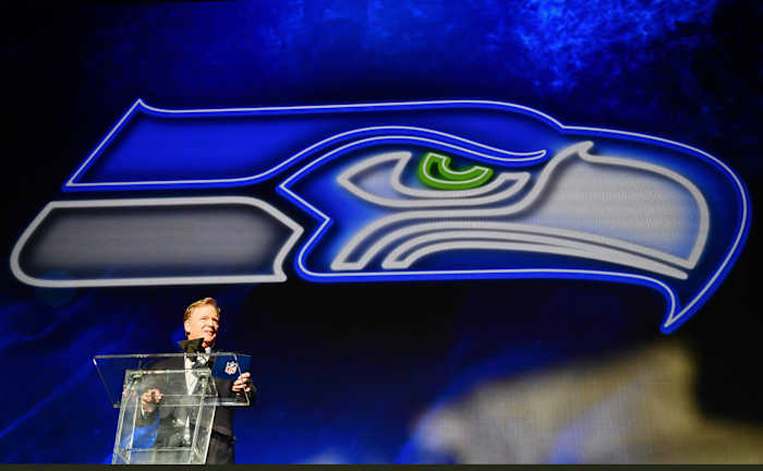 NFL: NFL Draft Apr 28, 2022; Las Vegas, NV, USA; NFL commissioner Roger Goodell announces Mississippi State offensive tackle Charles Cross as the ninth overall pick to the Seattle Seahawks during the first round of the 2022 NFL Draft at the NFL Draft Theater.
