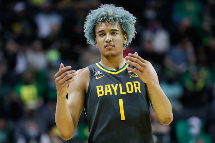 Baylor Bears forward Jeremy Sochan (1) reacts during the first half against the Oregon Ducks at Matthew Knight Arena.