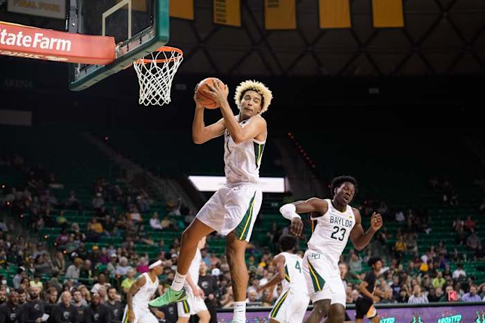 Baylor Bears forward Jeremy Sochan (1) grabs a rebound against the Arkansas-Pine Bluff Golden Lions during the first half at Ferrell Center.