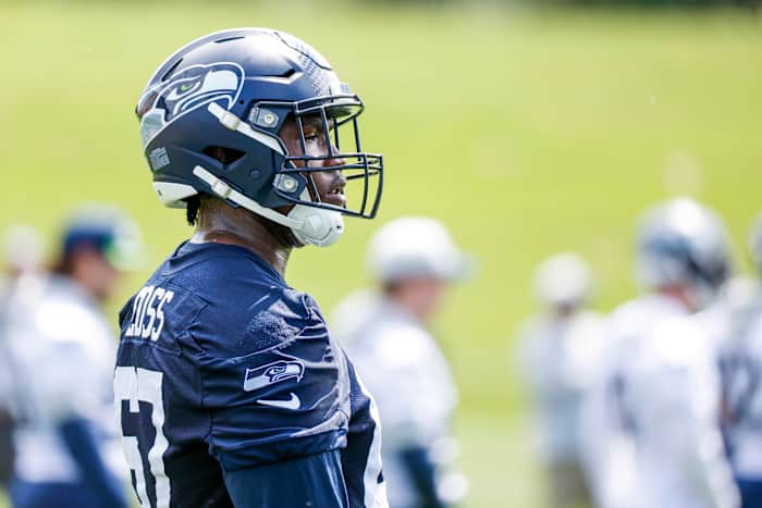 Seattle Seahawks offensive lineman Charles Cross (56) participates in an OTA workout at the Virginia Mason Athletic Center.