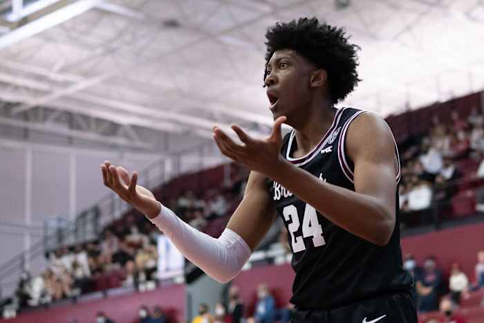 Santa Clara Broncos guard Jalen Williams (24) reacts during the first half against the Gonzaga Bulldogs at Leavey Center.