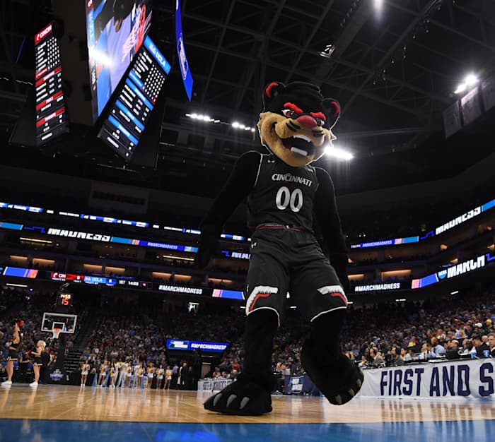 Mar 19, 2017; Sacramento, CA, USA; Cincinnati Bearcats mascot on the floor during the second round of the 2017 NCAA Tournament at Golden 1 Center. Mandatory Credit: Kyle Terada-USA TODAY Sports