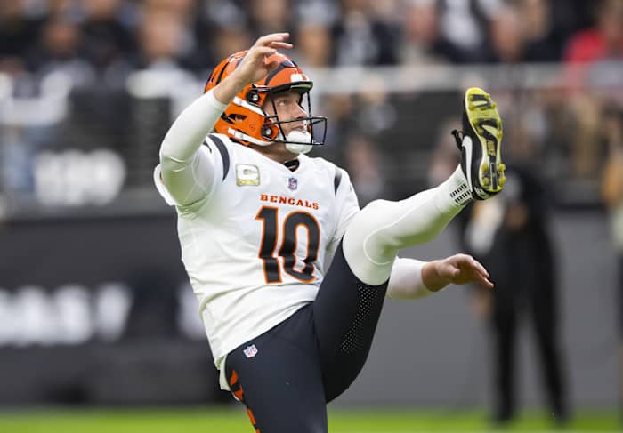 Nov 21, 2021; Paradise, Nevada, USA; Cincinnati Bengals punter Kevin Huber (10) against the Las Vegas Raiders at Allegiant Stadium. Mandatory Credit: Mark J. Rebilas-USA TODAY Sports