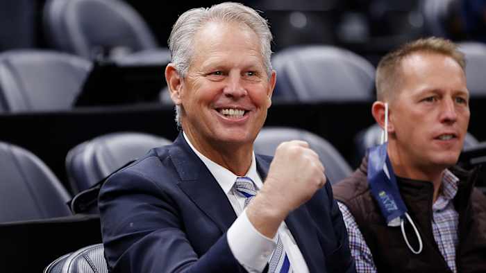 Danny Ainge watches pregame activities after he was Appointed Alternate Governor and CEO of Utah Jazz Basketball.