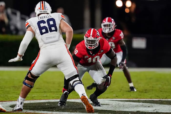 Oct 3, 2020; Athens, Georgia, USA; Georgia Bulldogs defensive lineman Malik Herring (10) in action against the Auburn Tigers at Sanford Stadium. Mandatory Credit: Dale Zanine-USA TODAY Sports