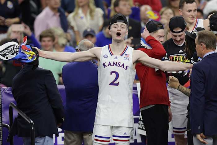 Kansas Jayhawks guard Christian Braun (2) reacts after defeating the North Carolina Tar Heels during the 2022 NCAA men's basketball tournament Final Four championship game at Caesars Superdome.