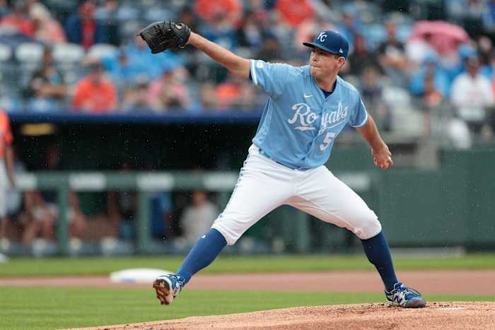 Jun 4, 2022; Kansas City, Missouri, USA; Kansas City Royals starting pitcher Kris Bubic (50) pitching against the Houston Astros during the first inning at Kauffman Stadium. Mandatory Credit: William Purnell-USA TODAY Sports
