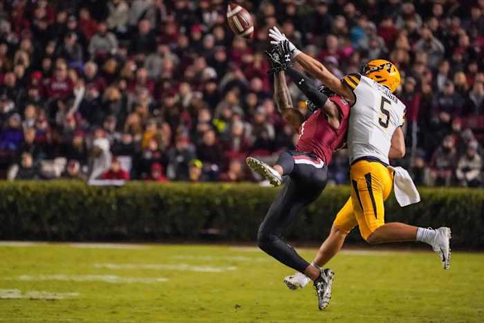 South Carolina defensive back Jaycee Horn (1) breaks up a pass to Appalachian State receiver Thomas Hennigan (5). Mandatory Credit: Jim Dedmon-USA TODAY