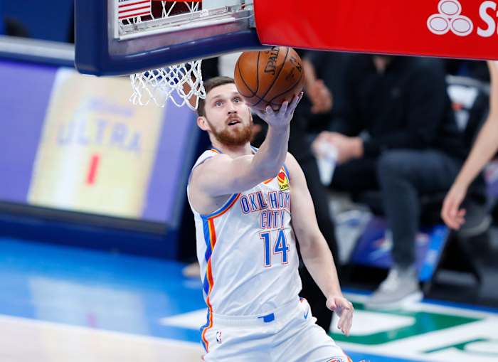 Thunder forward Svi Mykhailiuk goes up for the layup. Mykahiliuk was acquired from the Pistons in the Hamidou Diallo trade