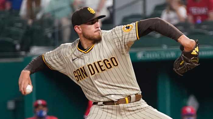 Joe Musgrove tosses a pitch against the Rangers during his no-hitter.