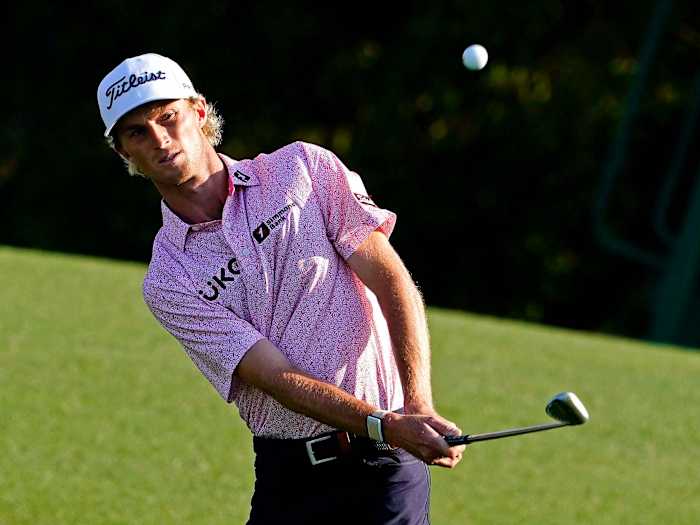 Will Zalatoris chips on the 18th hole during the final round of The Masters golf tournament.