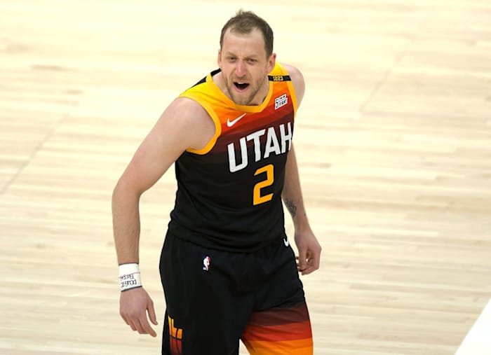 Joe Ingles (2) yells during an intense moment