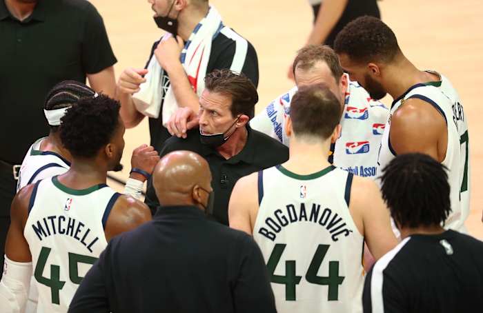 Utah Jazz team during a timeout