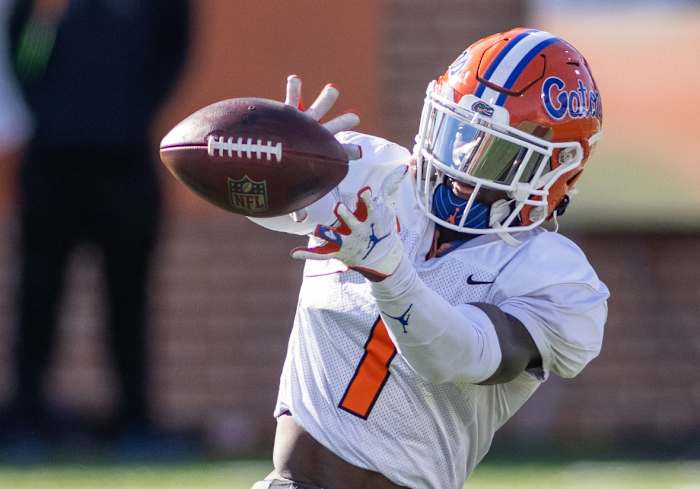 Jan 28, 2021; American wide receiver Kadarius Toney of Florida (1) grabs a pass during American practice at Hancock Whitney Stadium in Mobile, Alabama.