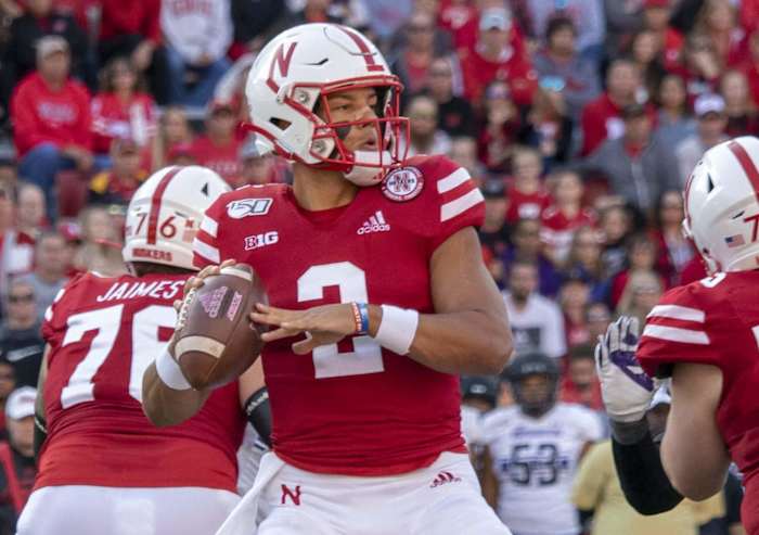 Adrian Martinez looks for a receiver in Nebraska's game against Northwestern in October 2019.