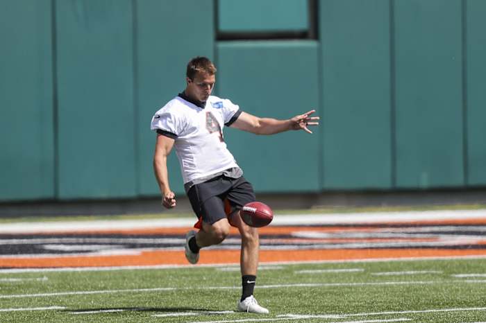 May 14, 2021; Cincinnati, Ohio, USA; Cincinnati Bengals punter Drue Chrisman (4) punts during NFL minicamp at Paul Brown Stadium. Mandatory Credit: Katie Stratman-USA TODAY Sports