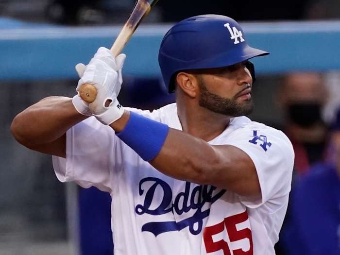 Los Angeles Dodgers first baseman Albert Pujols (55) at the plate against the Arizona Diamondbacks at Dodger Stadium