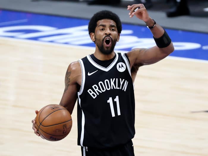 May 6, 2021; Dallas, Texas, USA;  Brooklyn Nets guard Kyrie Irving (11) reacts during the third quarter against the Dallas Mavericks at American Airlines Center.