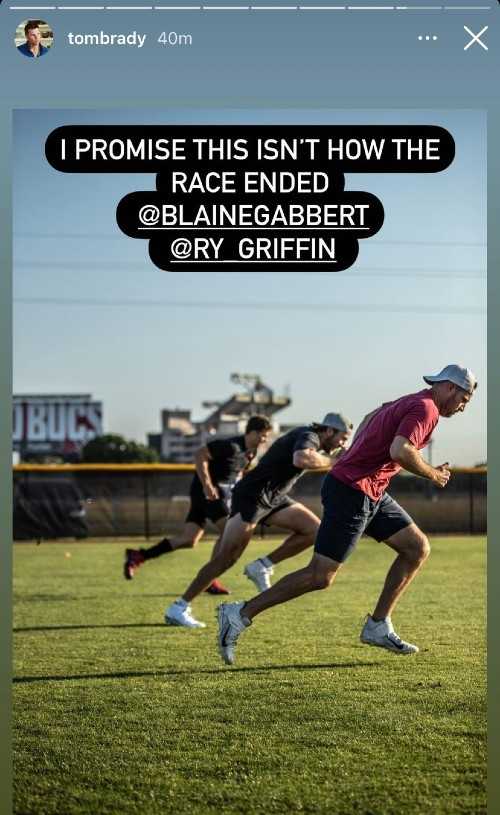 Buccaneers QBs Tom Brady, Blaine Gabbert and Ryan Griffin competing in a race.