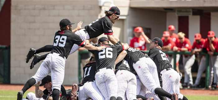 Dogpile after Nebraska wins 2021 Big Ten baseball title