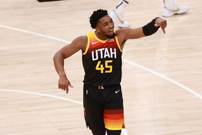 Donovan Mitchell (45) is amped up after hitting a contested three pointer against the Memphis Grizzlies