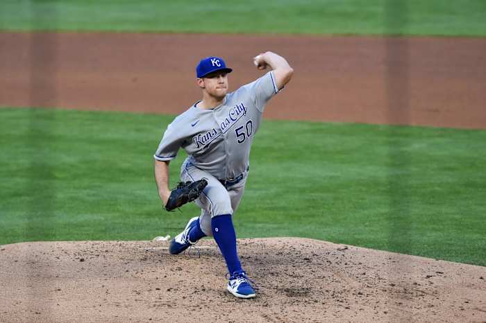 May 28, 2021; Minneapolis, Minnesota, USA; Kansas City Royals starting pitcher Kris Bubic (50) throws a pitch against the Minnesota Twins during the fourth inning at Target Field. Mandatory Credit: Jeffrey Becker-USA TODAY Sports