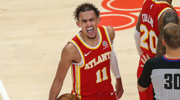 Trae Young celebrates near the end of Game 3 against the Knicks