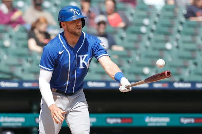 May 13, 2021; Detroit, Michigan, USA; Kansas City Royals third baseman Hunter Dozier (17) taps a foul ball with his bat during the sixth inning against the Detroit Tigers at Comerica Park. Mandatory Credit: Rick Osentoski-USA TODAY Sports